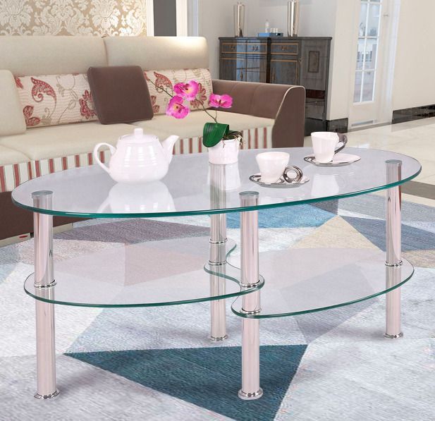 Modern Glass Coffee Table Oval Shelves Metal Bottom Durable Inside Propel Modern Chrome Oval Coffee Tables (View 24 of 25)