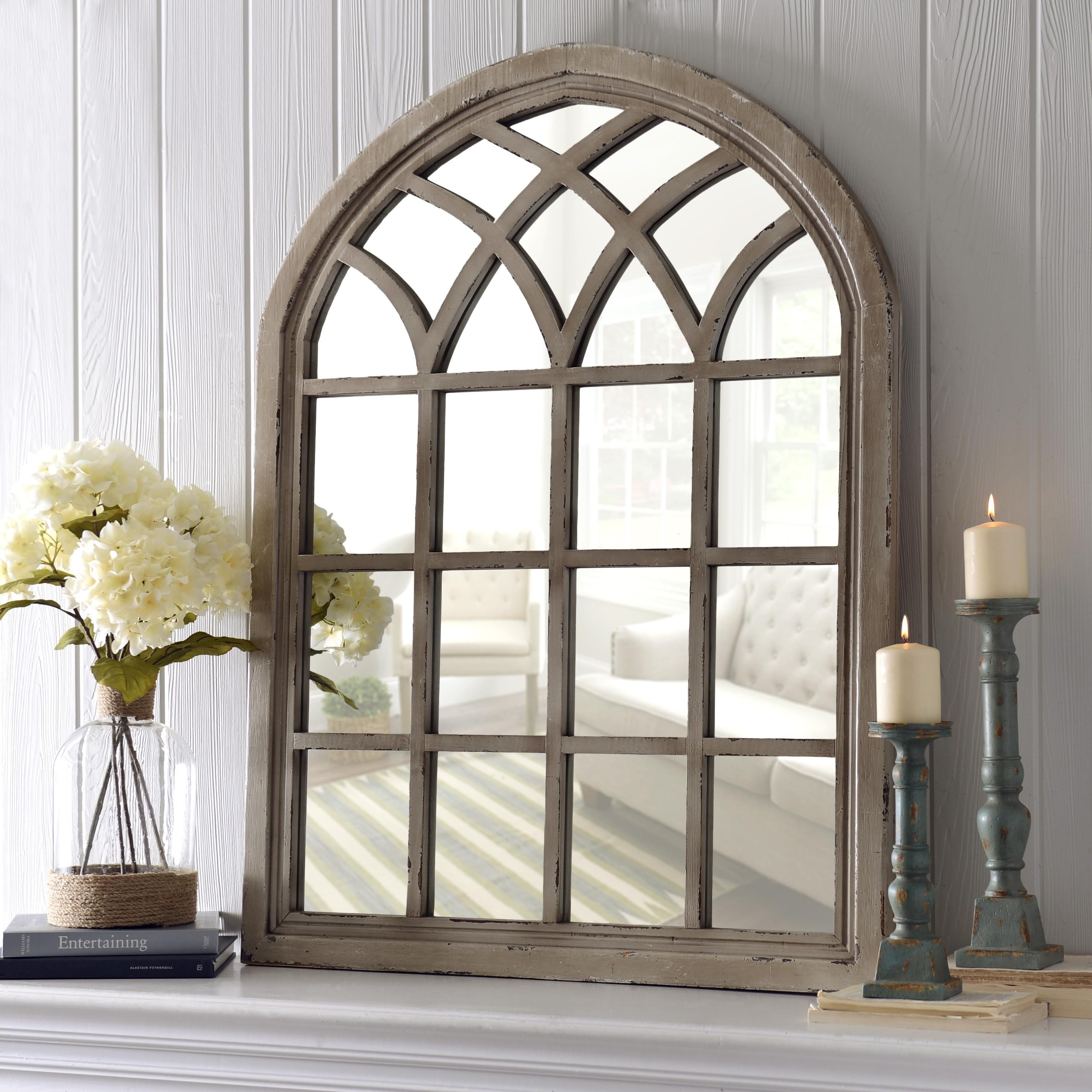 Product Details Distressed Cream Sadie Arch Mirror | Home Regarding Window Cream Wood Wall Mirrors (View 11 of 20)
