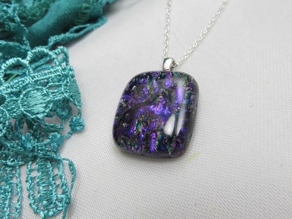 Purple Dichroic Glass Necklace With Or With Chain Multi Colored Square  Black Pendant Glass Necklace For Conard 1 Light Single Teardrop Pendants (View 20 of 25)