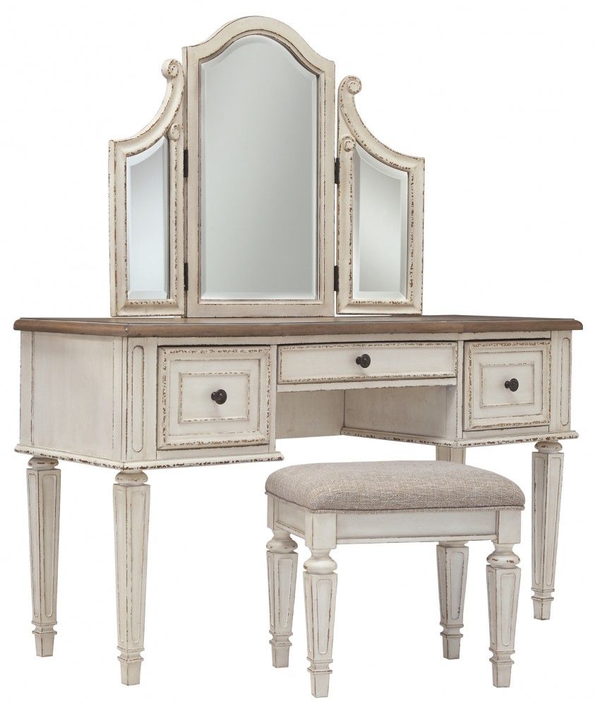 Realyn – Chipped White – Vanity/mirror/stool (3/cn) With Regard To Vanity Mirrors (View 20 of 20)
