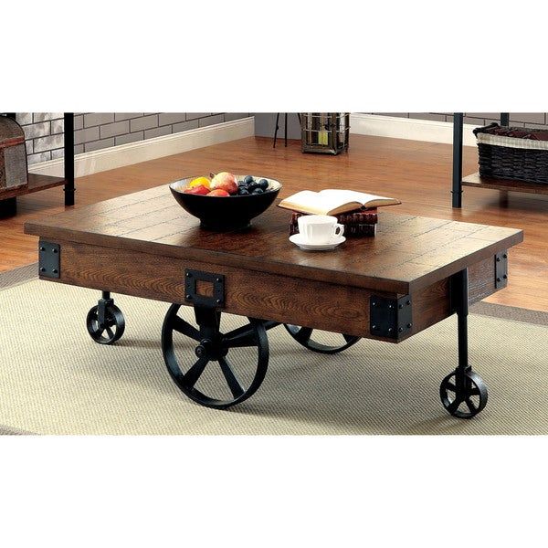 Shop Carpenter Rustic Weathered Oak Caster Wheel Coffee For Furniture Of America Charlotte Weathered Oak Glass Top Coffee Tables (View 11 of 50)