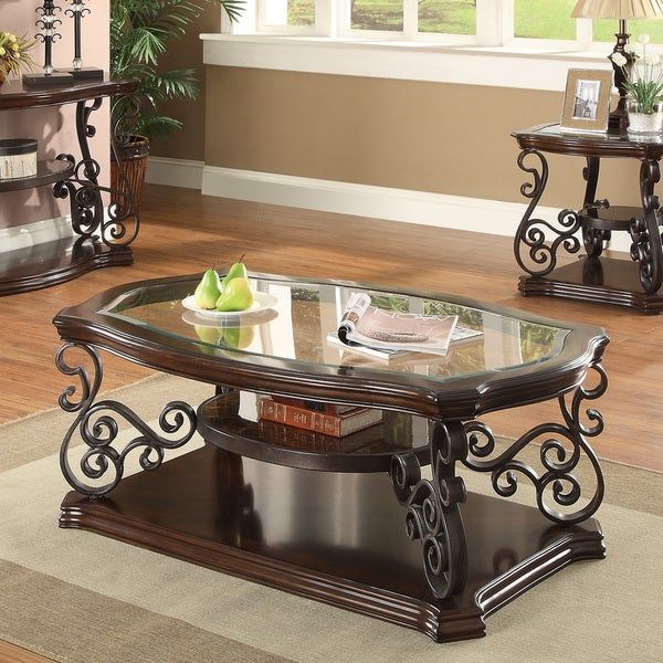 Shop Coaster Company Dark Brown Glass And Metal Coffee Table In Gracewood Hollow Fishta Antique Brass Metal Glass 3 Piece Tables (View 11 of 25)
