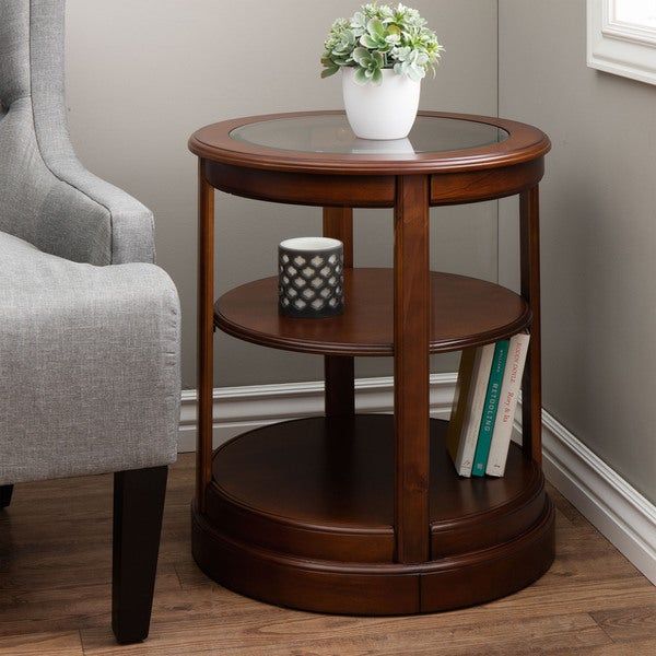 Shop Copper Grove Round Wooden End Table With Glass Top Within Copper Grove Rochon Glass Top Wood Accent Tables (View 7 of 25)