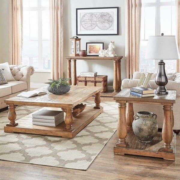 Shop Edmaire Rustic Pine Baluster 3 Piece Table Set Regarding Edmaire Rustic Pine Baluster Coffee Tables (View 3 of 25)