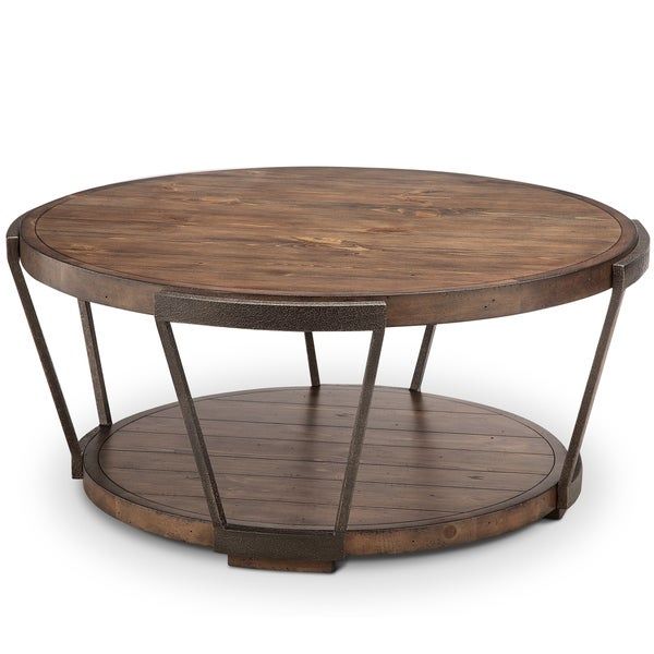 Yukon Industrial Bourbon And Aged Iron Round Coffee Table With Casters With Burnham Reclaimed Wood And Iron Round Coffee Tables (View 23 of 25)