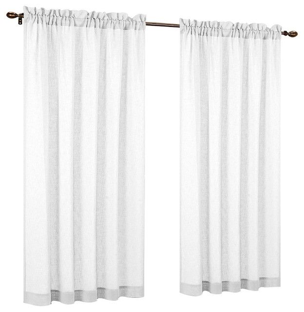 54"63" Fauxlinen Sheer Set Of 2 Curtain Panels, Off White Regarding Montpellier Striped Linen Sheer Curtains (View 17 of 25)