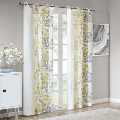 Ally Floral Printed Curtain Panel Green/gray 50"x84" With Elowen White Twist Tab Voile Sheer Curtain Panel Pairs (View 21 of 26)