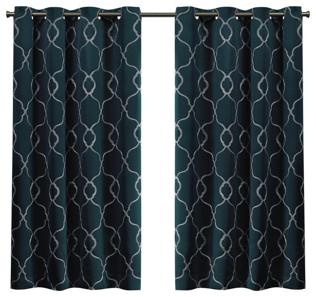 Belmont Embroidered Blackout Grommet Top Curtain Panel Pair Sapphire Teal  52X63 Regarding Oxford Sateen Woven Blackout Grommet Top Curtain Panel Pairs (View 12 of 25)