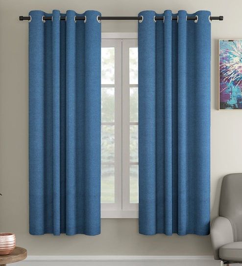 Blue 100% Cotton Blackout Eyelet Window Curtainsoumya Throughout Solid Cotton True Blackout Curtain Panels (View 23 of 25)