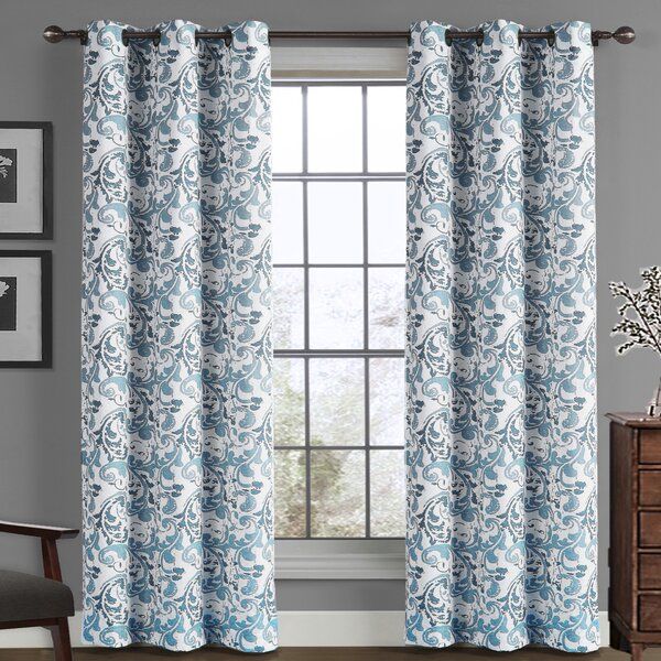 Blue Scroll Curtains | Wayfair In Kaylee Solid Crushed Sheer Window Curtain Pairs (View 11 of 25)
