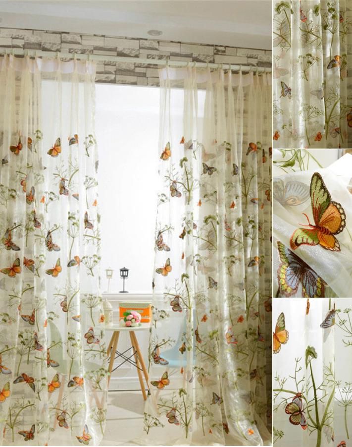 Colorful Butterfly Romantic Botanical Sheer Curtain Panels For Kid Room In Kida Embroidered Sheer Curtain Panels (View 4 of 25)