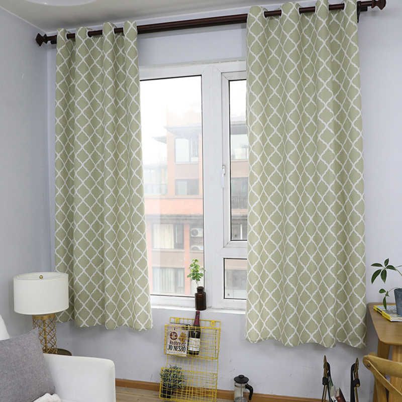 Cotton Linen Fabric Curtains Green Geometric For Living Room Short Curtains  For Bedroom Balcony Kitchen Windows Decor 140X215Cm Throughout Solid Country Cotton Linen Weave Curtain Panels (View 13 of 25)