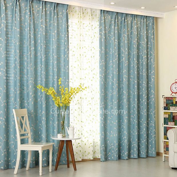 Country Curtains Blue Leaf Pattern Embroidery Linen Room Darkening  #chs1609221037371 With Geometric Linen Room Darkening Window Curtains (View 16 of 25)