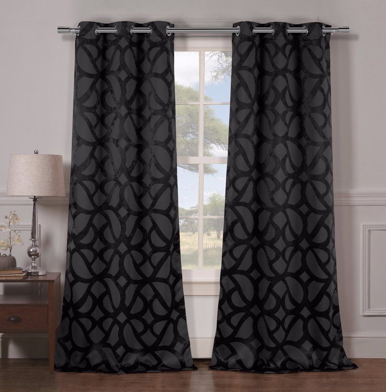 Geometric Blackout Grommet Curtain Panels | Ravenswood Rd In Overseas Leaf Swirl Embroidered Curtain Panel Pairs (View 4 of 25)