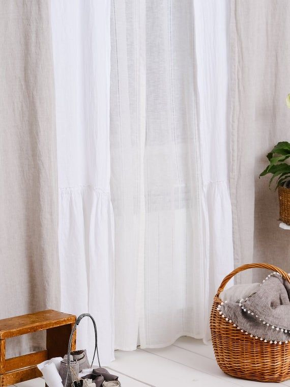Luxury 100% Linen Farmhouse Ruffle Linen Curtain Panels Set Of 2 Shabby  Chic French Frill Curtains With Regard To Signature French Linen Curtain Panels (View 18 of 25)