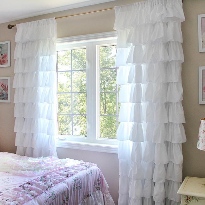 Luxury White Shabby Ruffle Waterfall Romantic Curtain Panel With Regard To Sheer Voile Waterfall Ruffled Tier Single Curtain Panels (View 10 of 25)