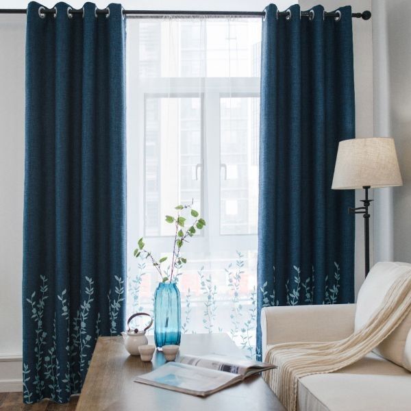 Melodieux Faux Linen Blackout Curtains With Top Grommets Flower Embroidery  Window Treatment Noise Free Drape For Living Room Navy Blue,140 X 260Cm 1 With Regard To Faux Linen Blackout Curtains (View 20 of 25)