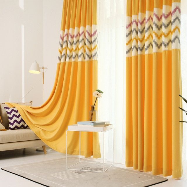 Nordic Yellow Curtain With Geometric Strips Waves Cotton For Geometric Linen Room Darkening Window Curtains (View 19 of 25)