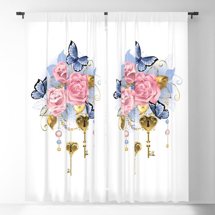Pink Roses With Keys Blackout Curtainblackmoon9 Inside Keyes Blackout Single Curtain Panels (View 18 of 25)