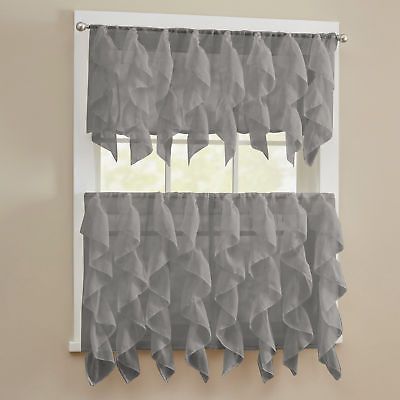 Sheer Voile Vertical Ruffle Window Kitchen Curtain Tiers Or Valance Gray |  Ebay With Sheer Voile Waterfall Ruffled Tier Single Curtain Panels (View 13 of 25)