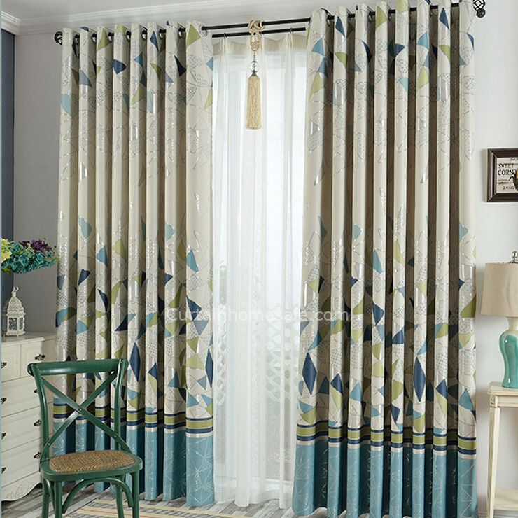 Simple Modern Style Thick Kids Curtains Blue And Bud Green Colors Geometric  Pattern #chs091352411 In Geometric Linen Room Darkening Window Curtains (View 25 of 25)