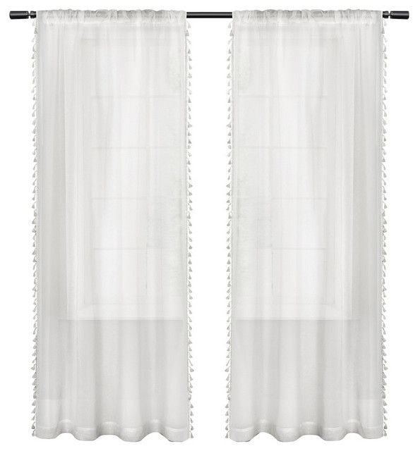 Tassels Sheer Bordered Tassel Applique Curtain Panel Pair, White, 54" X 84" Inside Tassels Applique Sheer Rod Pocket Top Curtain Panel Pairs (View 1 of 25)