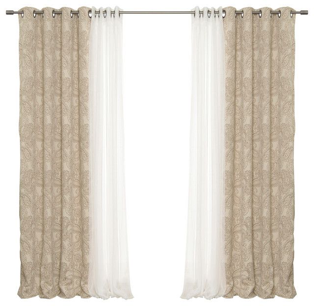 Tulle And Paisley Blackout Curtains, Brown For Tulle Sheer With Attached Valance And Blackout 4 Piece Curtain Panel Pairs (View 3 of 25)