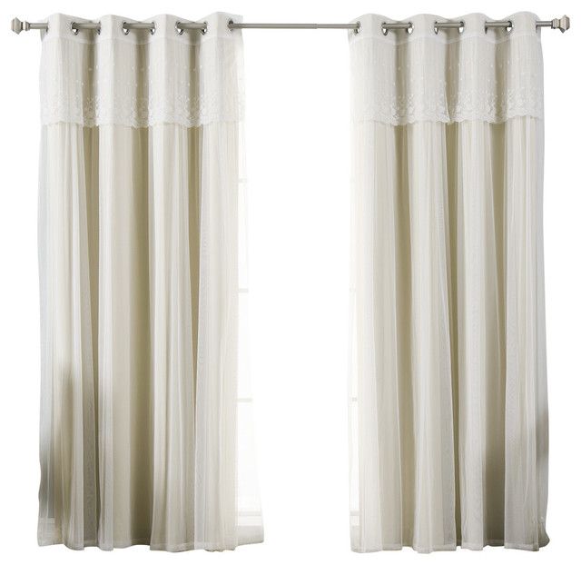 Tulle Sheer With Attached Valance And Solid Blackout Curtains, Beige, 84" In Tulle Sheer With Attached Valance And Blackout 4 Piece Curtain Panel Pairs (View 1 of 25)