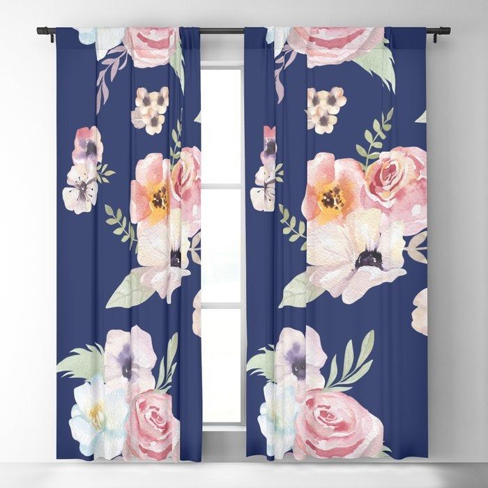 Window Curtains – Watercolor Floral I – Navy Blue Pink – 50 X In Andorra Watercolor Floral Textured Sheer Single Curtain Panels (View 8 of 25)