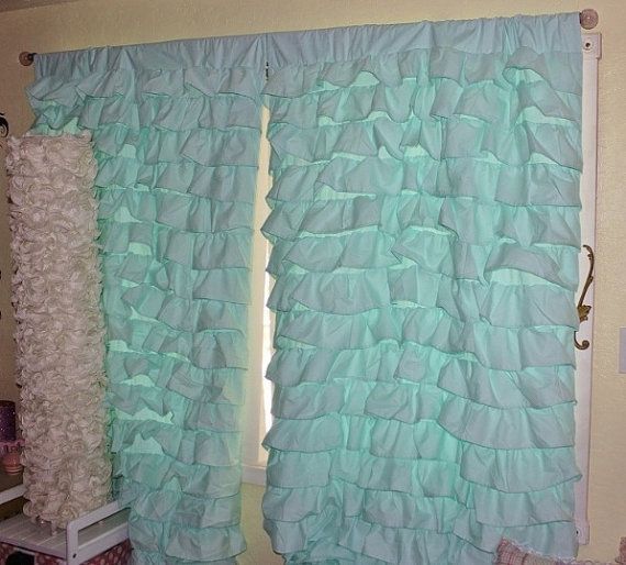 2 Aqua Blue Turquoise Teal Waterfall Ruffled Curtains With Navy Vertical Ruffled Waterfall Valance And Curtain Tiers (Photo 12 of 25)