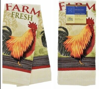 2 Piece Set Printed Kitchen Dish Towels Farm Fresh Rooster Intended For Traditional Two Piece Tailored Tier And Swag Window Curtains Sets With Ornate Rooster Print (View 25 of 25)