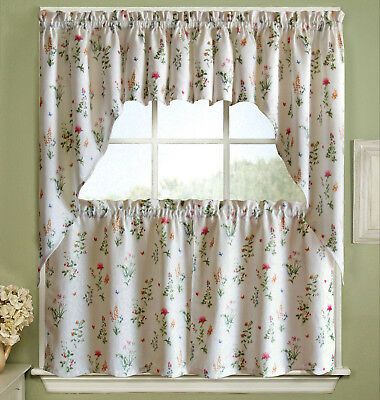 3 Piece Jacquard Kitchen Window Curtain Set With Embroidered With Regard To Imperial Flower Jacquard Tier And Valance Kitchen Curtain Sets (View 10 of 25)