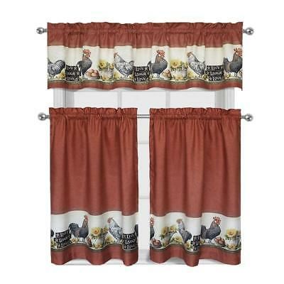 3 Piece Rooster Window Treatment Kitchen Curtain Tier & Valance Set | Ebay Regarding Delicious Apples Kitchen Curtain Tier And Valance Sets (View 10 of 25)