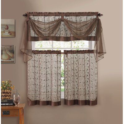 Astoria Grand Galbraith Linen Leaf Semi Sheer Embroidered 4 For Semi Sheer Rod Pocket Kitchen Curtain Valance And Tiers Sets (View 25 of 25)