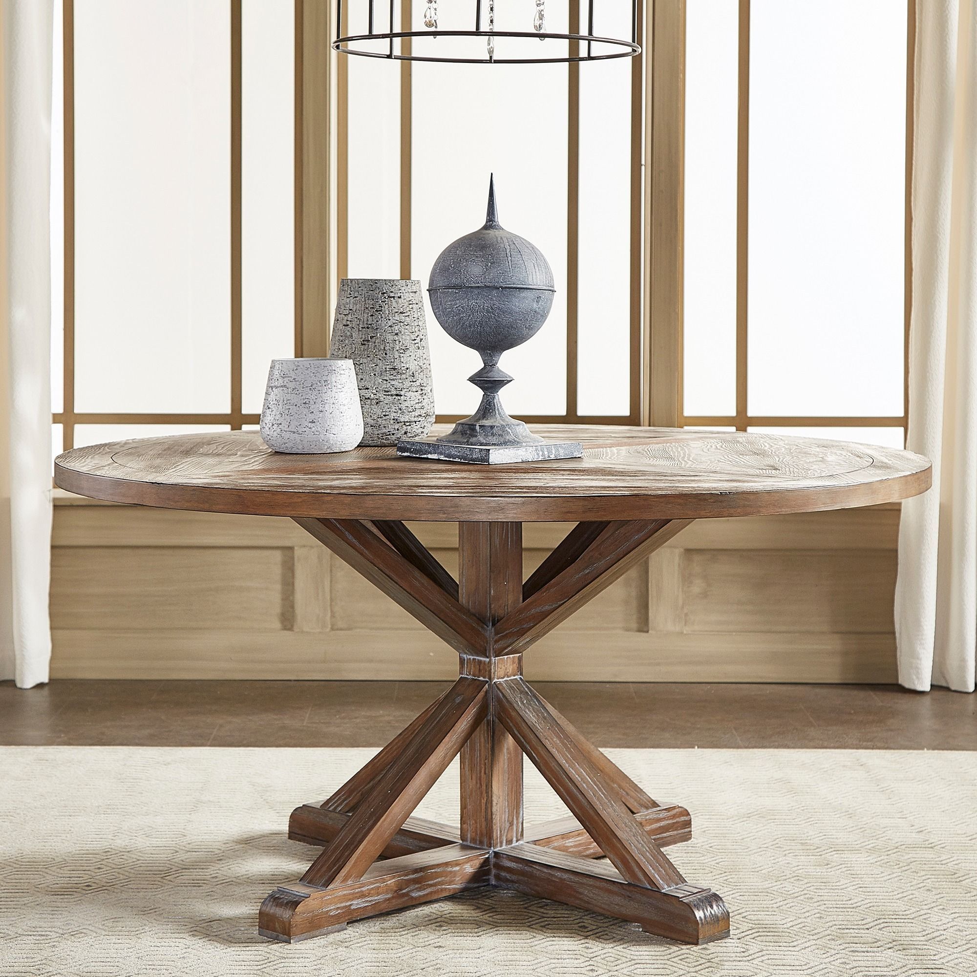 Benchwright Rustic X Base Round Pine Wood Dining Table Within Most Recent Gray Wash Benchwright Pedestal Extending Dining Tables (View 5 of 25)