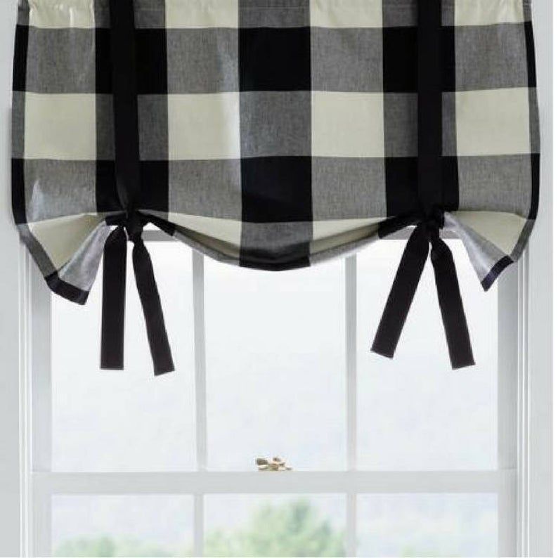Buffalo Check Plaid Tie Up Window Valance, Sash Valance, Rod Pocket, Black,  White, Red, French Gray, Cloud Linen Beige, Orange White Fall With Barnyard Buffalo Check Rooster Window Valances (View 18 of 26)