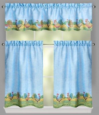 Debbie Mumm Rooster Farm Tier And Valance Set 36L Blue | Ebay Pertaining To Barnyard Window Curtain Tier Pair And Valance Sets (View 25 of 25)