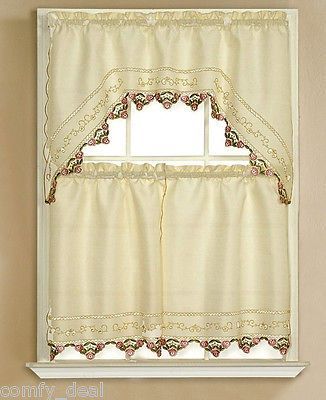 Details About 3Pc Beige With Embroidered Gold Sunflower Regarding Embroidered Ladybugs Window Curtain Pieces (View 9 of 25)