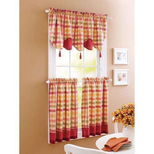 Details About Green And Tan Plaid Homespun Valance Tiers Intended For Red Primitive Kitchen Curtains (View 11 of 25)