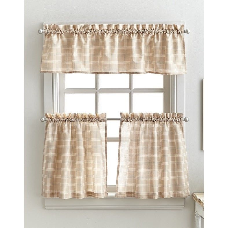 Details About Lodge Plaid 3 Piece Kitchen Curtain Tier And Valance Set – Intended For Abby Embroidered 5 Piece Curtain Tier And Swag Sets (View 4 of 25)