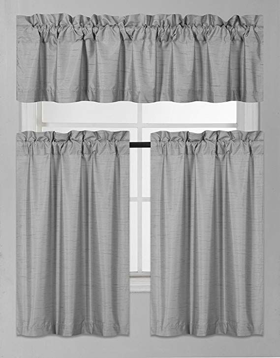 Fancy Collection 3 Pieces Faux Silk Blackout Kitchen Curtain Intended For Grey Window Curtain Tier And Valance Sets (View 5 of 25)