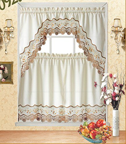 Fancy Collection 3Pc Beige With Embroidery Floral Kitchen/cafe Curtain Tier  And Valance Set 001092 (60" X 38", Gold/beige/beige) Intended For Grey Window Curtain Tier And Valance Sets (View 24 of 25)