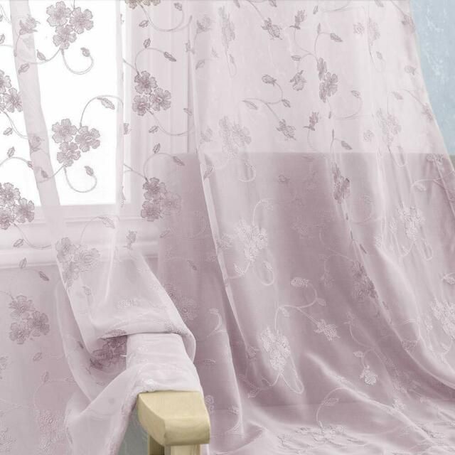 Floral Embroidered Sheer Curtains Rod Pocket Voile Drapes For Bedroom, 2  Panels Pertaining To Embroidered Rod Pocket Kitchen Tiers (View 15 of 25)