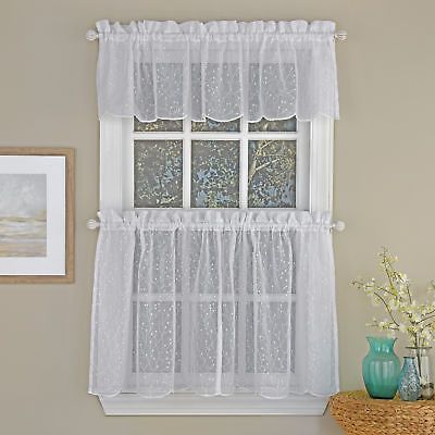 Floral Spray Semi Sheer Kitchen Window Curtain Tier Pair Or Valance White |  Ebay With Regard To Tailored Valance And Tier Curtains (View 7 of 25)
