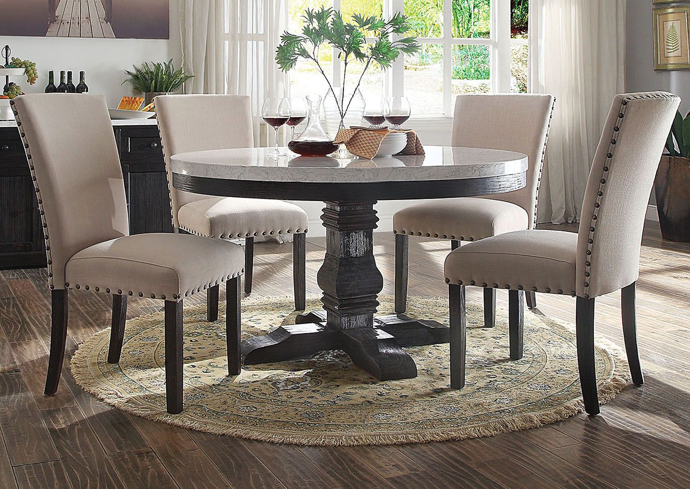Furniture & Mattress Outlet Nolan White Marble/salvage Oak Regarding Newest Nolan Round Pedestal Dining Tables (View 9 of 25)