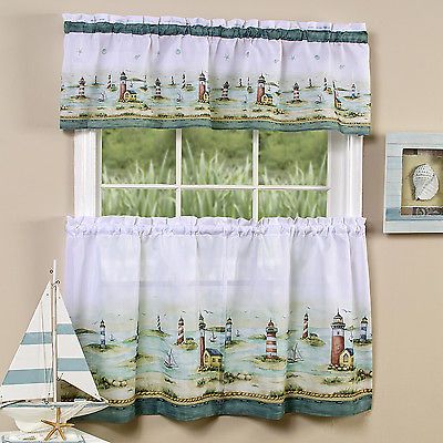 Hamptons Lighthouses Kitchen Curtain 36" Tier Pair & 13" Tailored Valance  Set 641427487007 | Ebay Inside Tranquility Curtain Tier Pairs (View 10 of 25)