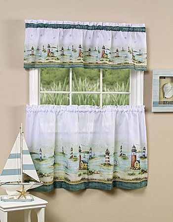 Hamptons–This Curtain Set Features Lighthouses Scattered Throughout Coffee Drinks Embroidered Window Valances And Tiers (View 19 of 25)