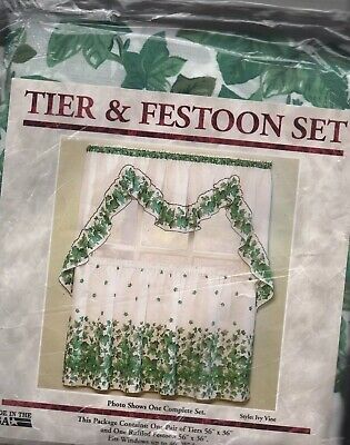 Ivy Vine Tier & Festoon Kitchen Curtain Set #3962 Green White 56” X 36” |  Ebay For Dexter 24 Inch Tier Pairs In Green (View 23 of 25)