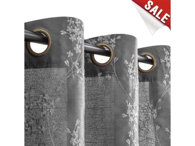 Jinchan Faux Silk Floral Embroidered Grommet Top Curtains For Bedroom  Embroidery Curtain For Living Room, 2 Panels,63" Grey – Newegg With Floral Embroidered Faux Silk Kitchen Tiers (View 6 of 25)