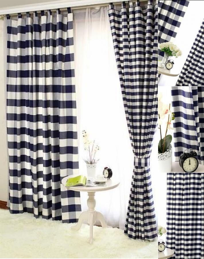 Lined Cotton Navy Black And White Buffalo Check Curtains With Classic Navy Cotton Blend Buffalo Check Kitchen Curtain Sets (View 20 of 25)